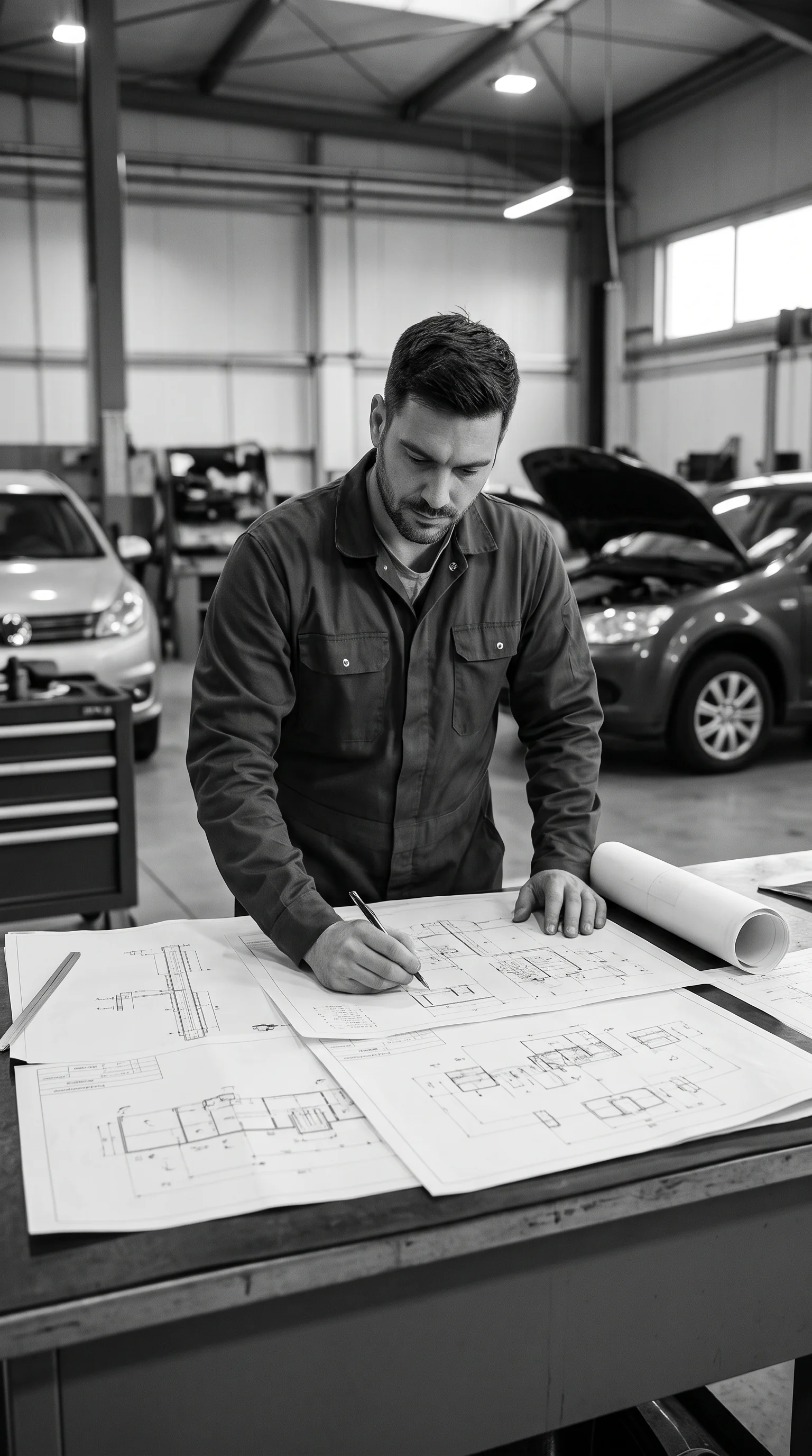 Ingeniero mecánico matriculado revisando planos en taller Vértice