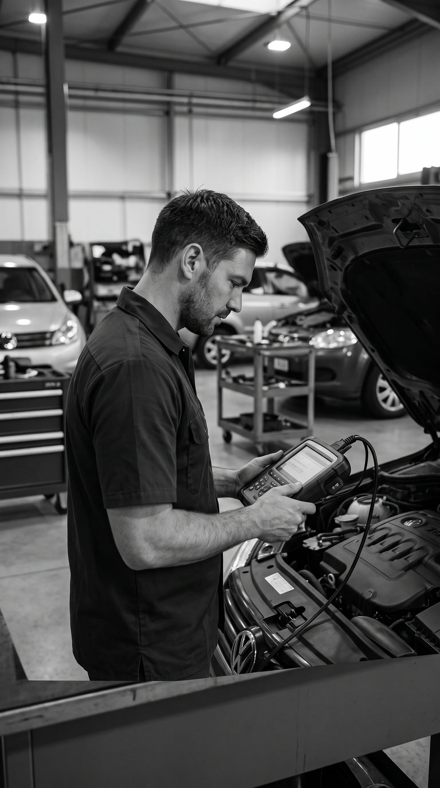 Especialista mecatrónico operando escáner de diagnóstico automotor Bosch KTS