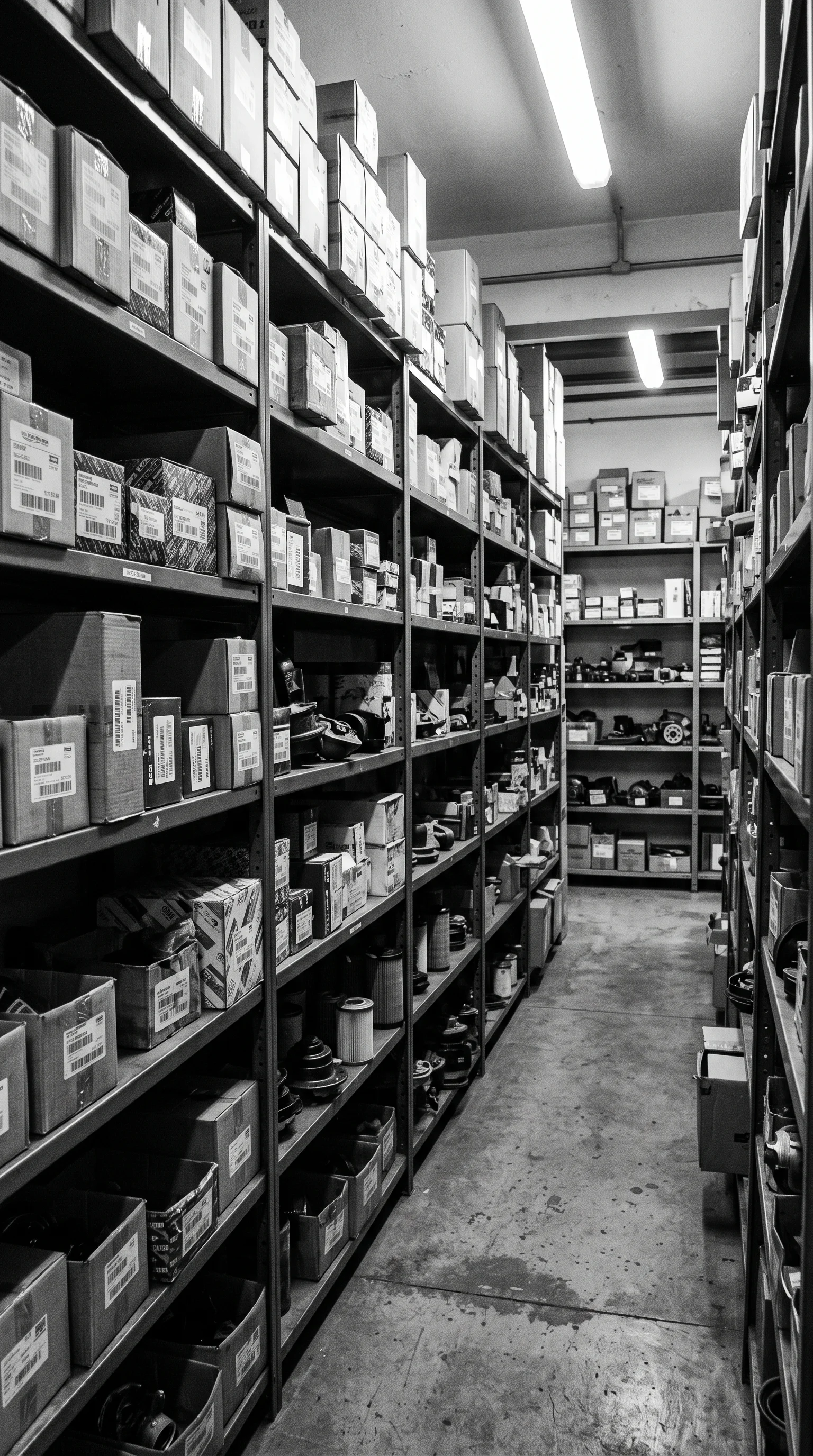 Depósito con estanterías y cajas de repuestos originales nuevos y reemplazados